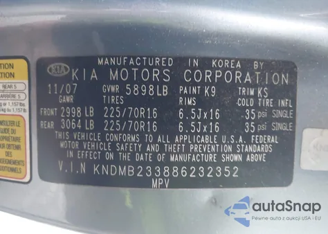 2008 Kia Sedona Lx from USA, damaged, VIN KNDMB233886232352